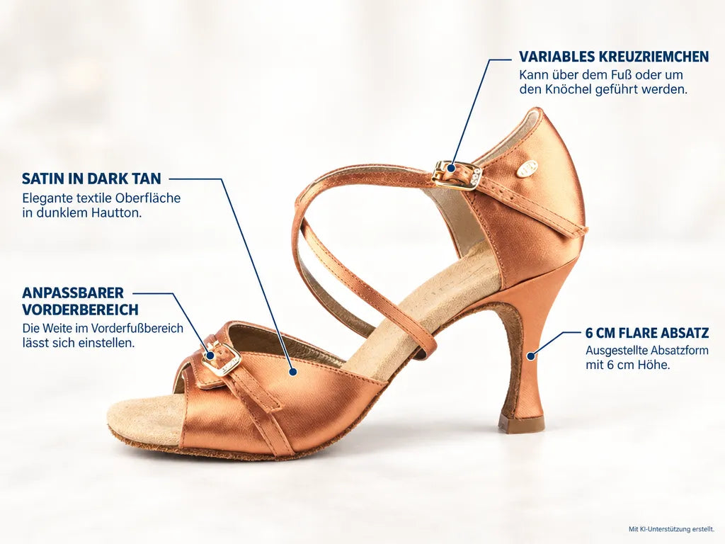 PortDance Damen Tanzschuhe PD636 | Dark Tan | 6 cm Flare – Produktinfografik, mit KI-Unterstützung erstellt.