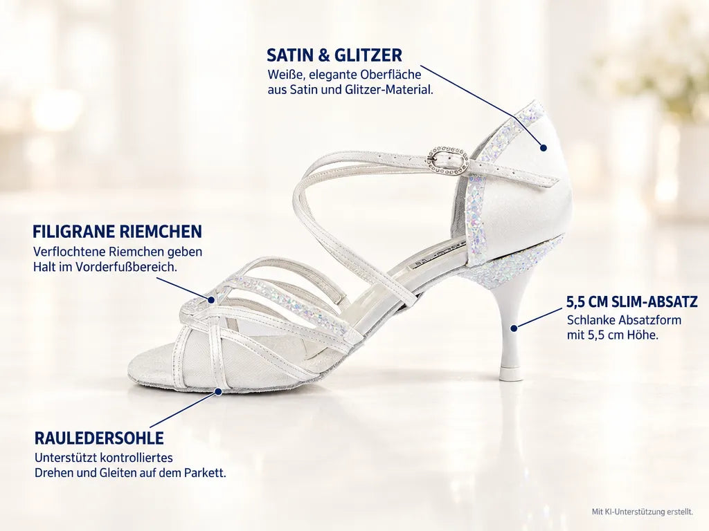 PortDance Damen Tanzschuhe PD800 – Produktinfografik, mit KI-Unterstützung erstellt.