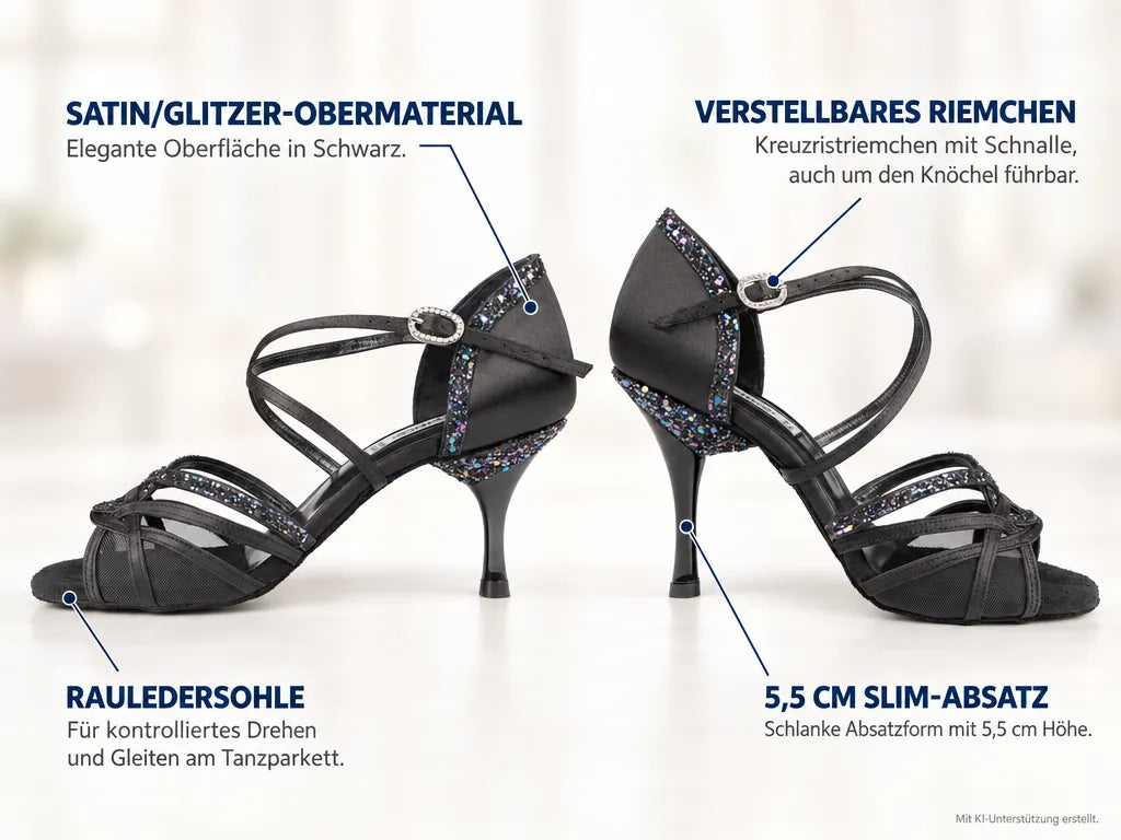 PortDance Damen Tanzschuhe PD800 – Produktinfografik, mit KI-Unterstützung erstellt.