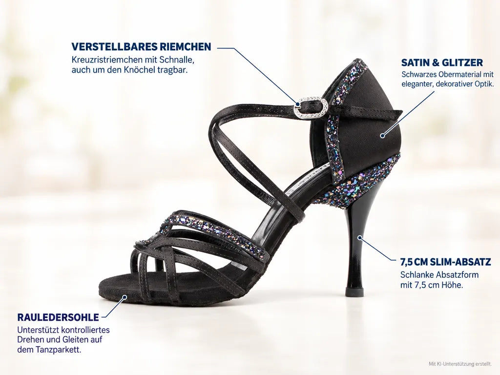 PortDance Damen Tanzschuhe PD800 – Produktinfografik, mit KI-Unterstützung erstellt.