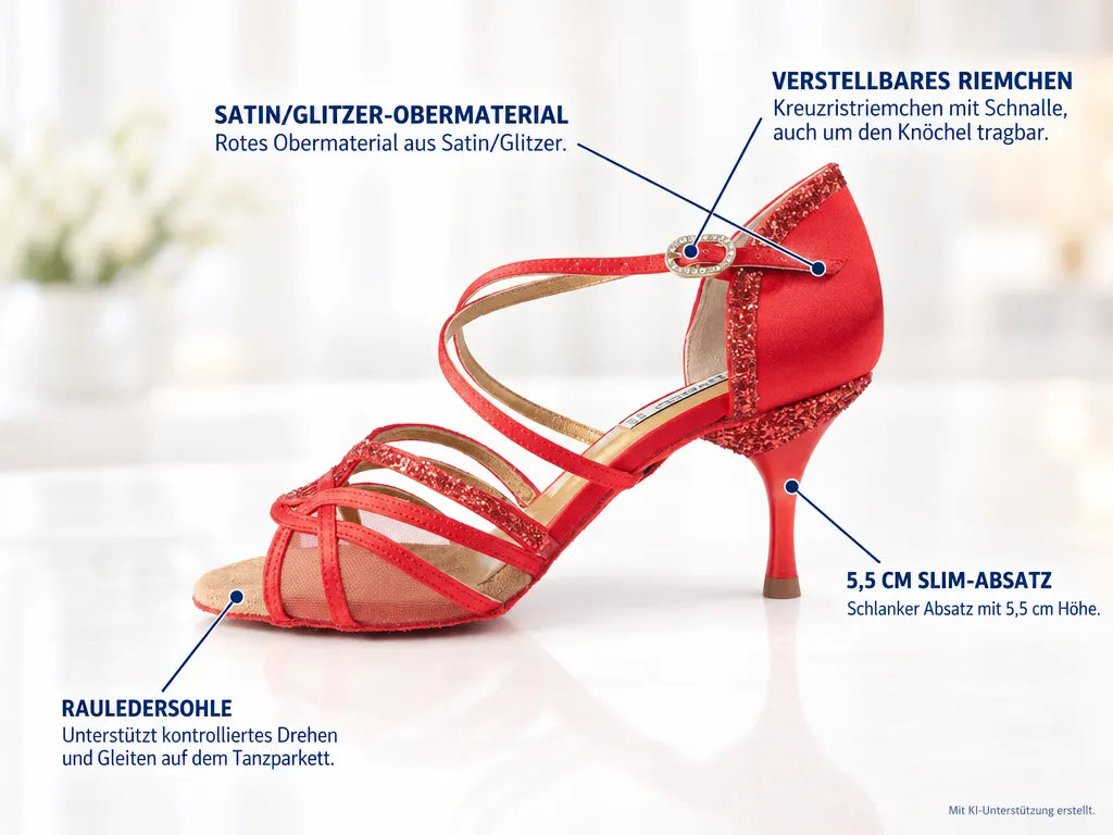 PortDance Damen Tanzschuhe PD800 – Produktinfografik, mit KI-Unterstützung erstellt.