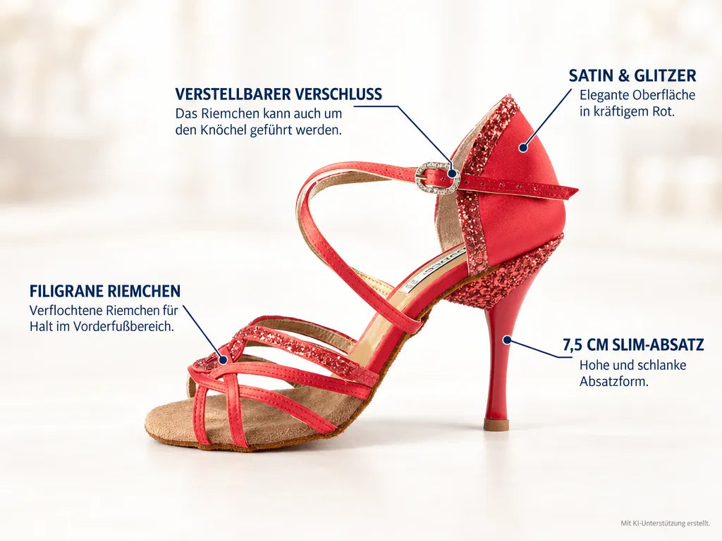 PortDance Damen Tanzschuhe PD800 – Produktinfografik, mit KI-Unterstützung erstellt.