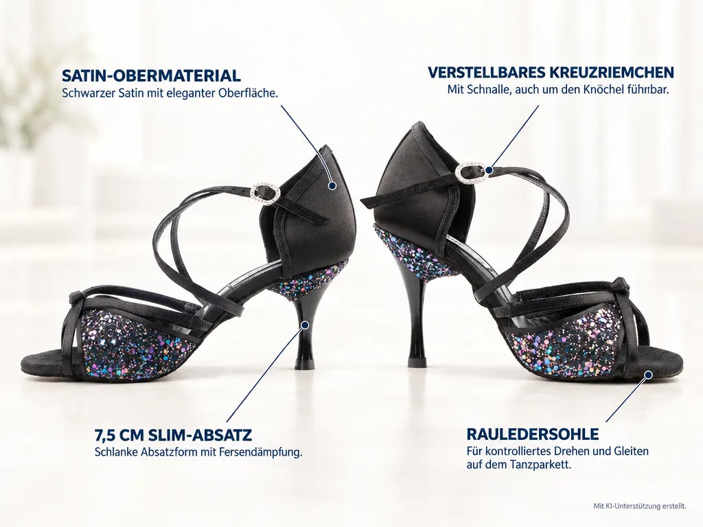 PortDance Damen Tanzschuhe PD801 – Produktinfografik, mit KI-Unterstützung erstellt.