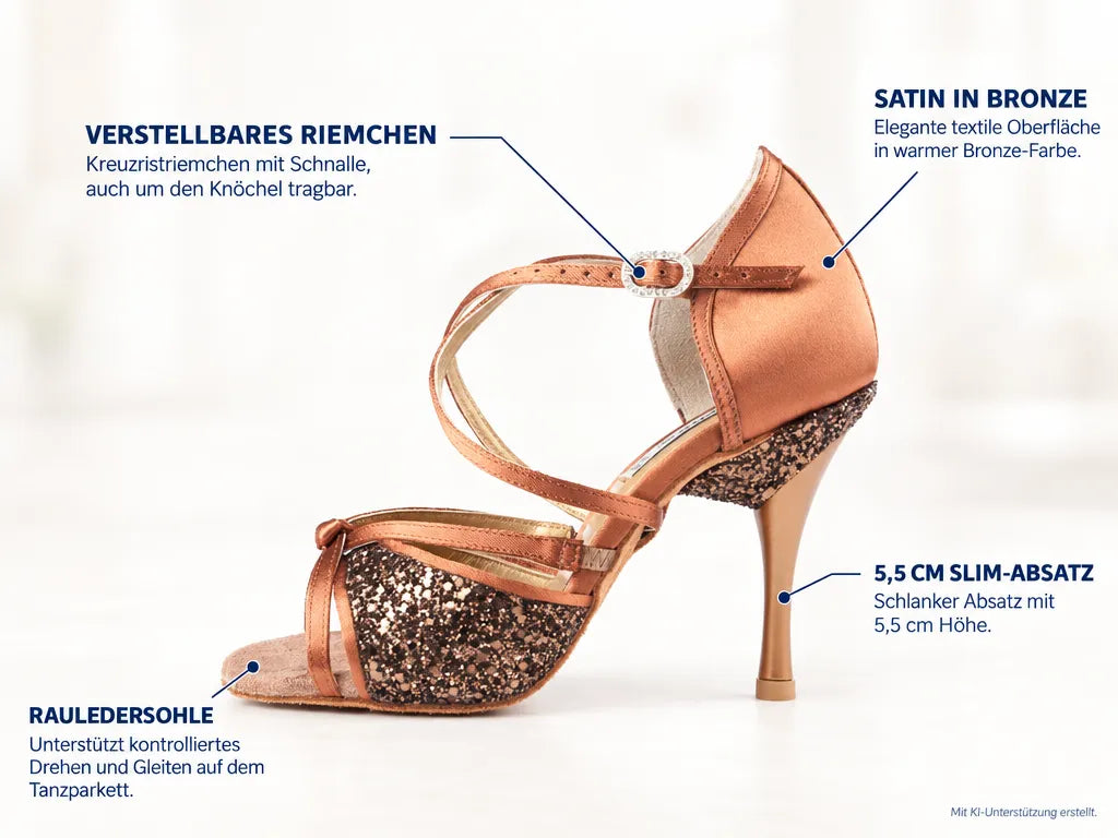 PortDance Damen Tanzschuhe PD801 – Produktinfografik, mit KI-Unterstützung erstellt.