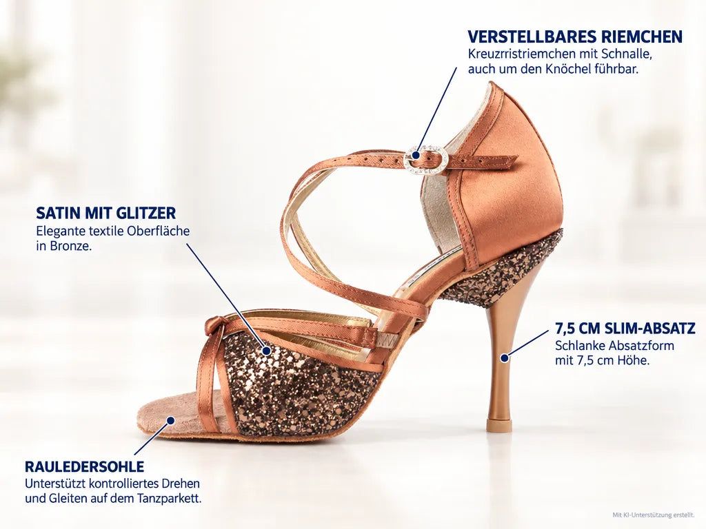 PortDance Damen Tanzschuhe PD801 – Produktinfografik, mit KI-Unterstützung erstellt.
