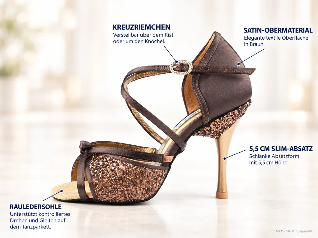 PortDance Damen Tanzschuhe PD801 – Produktinfografik, mit KI-Unterstützung erstellt.