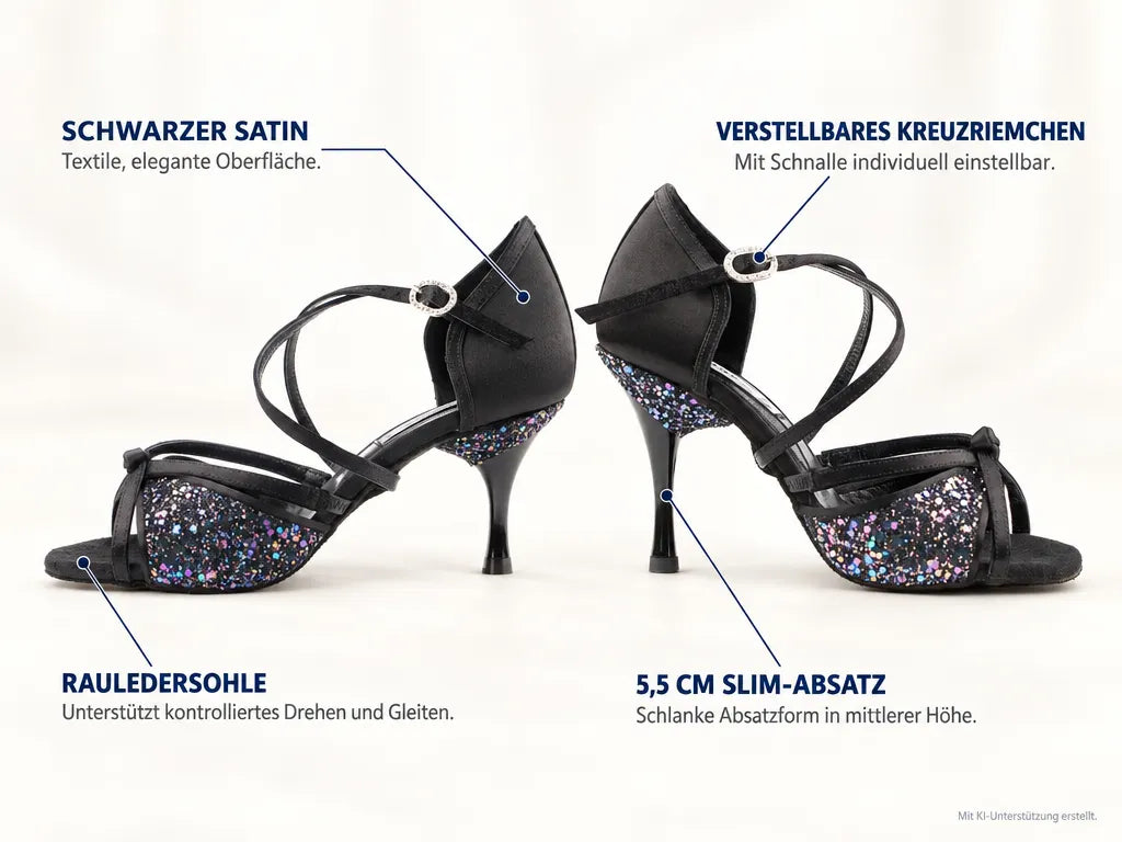 PortDance Damen Tanzschuhe PD801 Schwarz 5,5 cm – Produktinfografik, mit KI-Unterstützung erstellt.