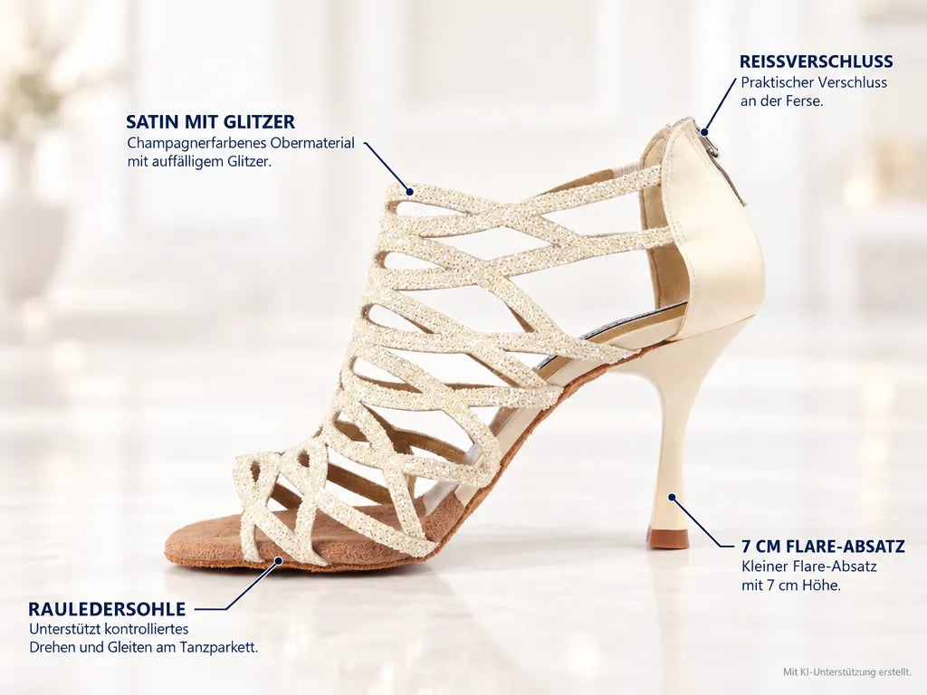 PortDance Damen Tanzschuhe PD803 Campagner 7 cm – Produktinfografik, mit KI-Unterstützung erstellt.