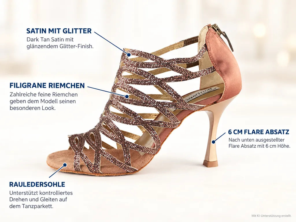 PortDance Damen Tanzschuhe PD803 Dark Tan 6 cm – Produktinfografik, mit KI-Unterstützung erstellt.