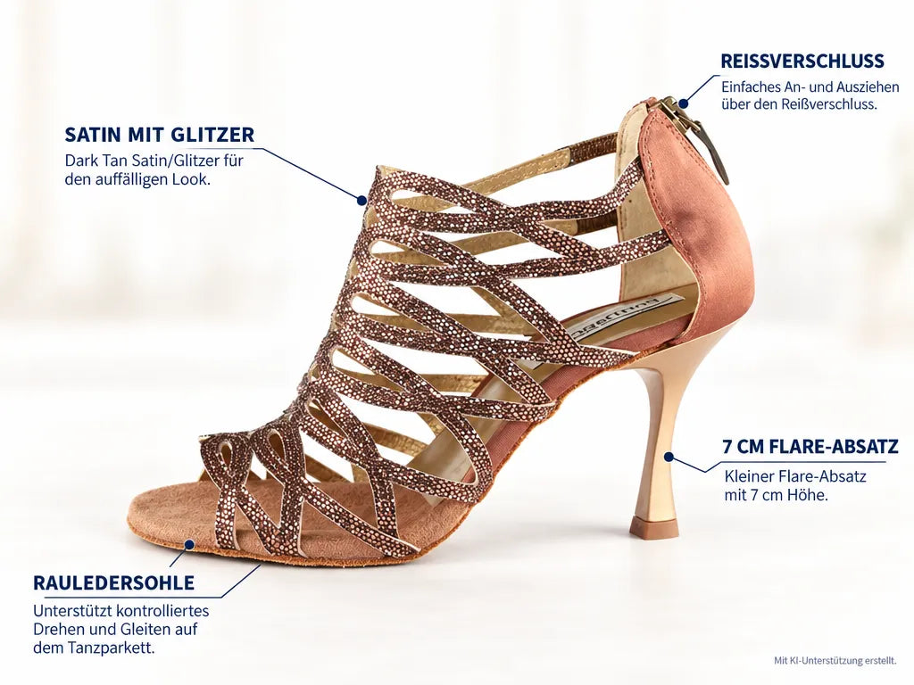 PortDance Damen Tanzschuhe PD803 Dark Tan 7 cm – Produktinfografik, mit KI-Unterstützung erstellt.