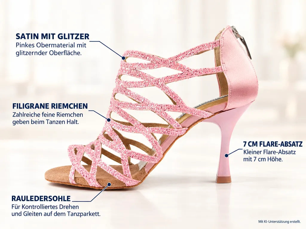PortDance Damen Tanzschuhe PD803 Pink 7 cm – Produktinfografik, mit KI-Unterstützung erstellt.