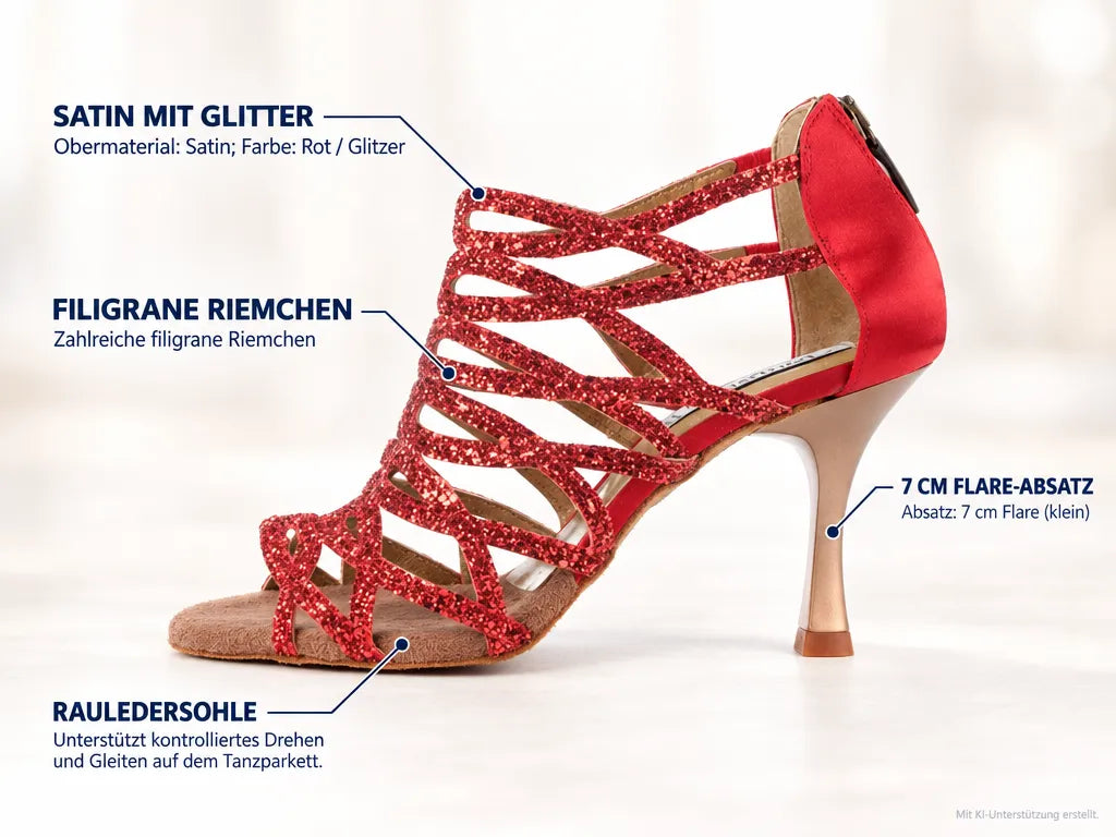 PortDance Damen Tanzschuhe PD803 Rot 7 cm – Produktinfografik, mit KI-Unterstützung erstellt.