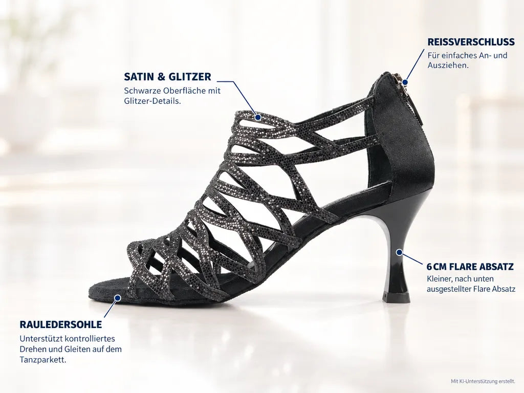 PortDance Damen Tanzschuhe PD803 Schwarz 6 cm – Produktinfografik, mit KI-Unterstützung erstellt.