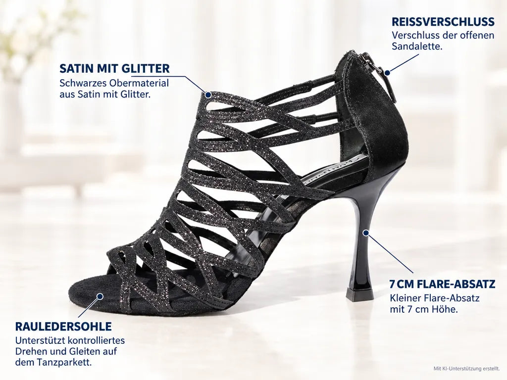 PortDance Damen Tanzschuhe PD803 Schwarz 7 cm – Produktinfografik, mit KI-Unterstützung erstellt.