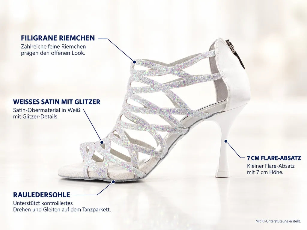 PortDance Damen Tanzschuhe PD803 Weiss 7 cm – Produktinfografik, mit KI-Unterstützung erstellt.