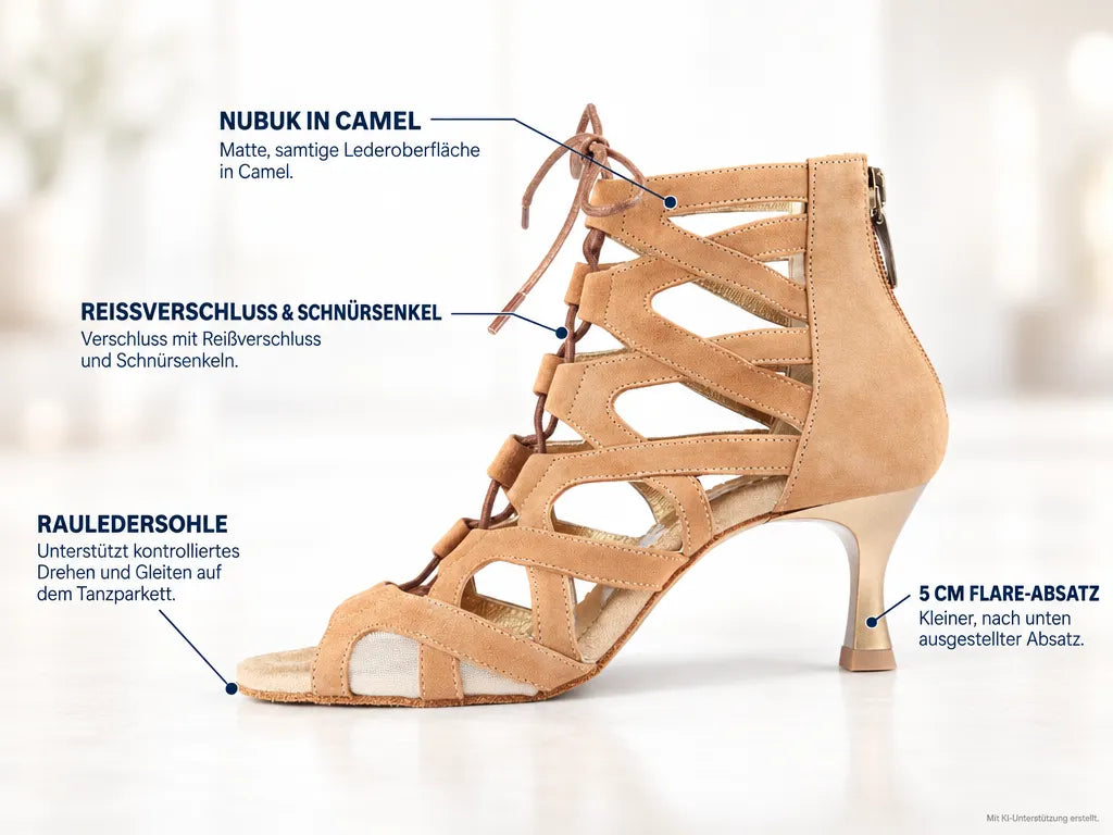 PortDance Damen Tanzschuhe PD804 5 cm Camel – Produktinfografik, mit KI-Unterstützung erstellt.
