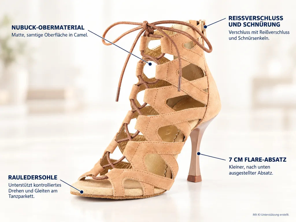 PortDance Damen Tanzschuhe PD804 7 cm Camel – Produktinfografik, mit KI-Unterstützung erstellt.
