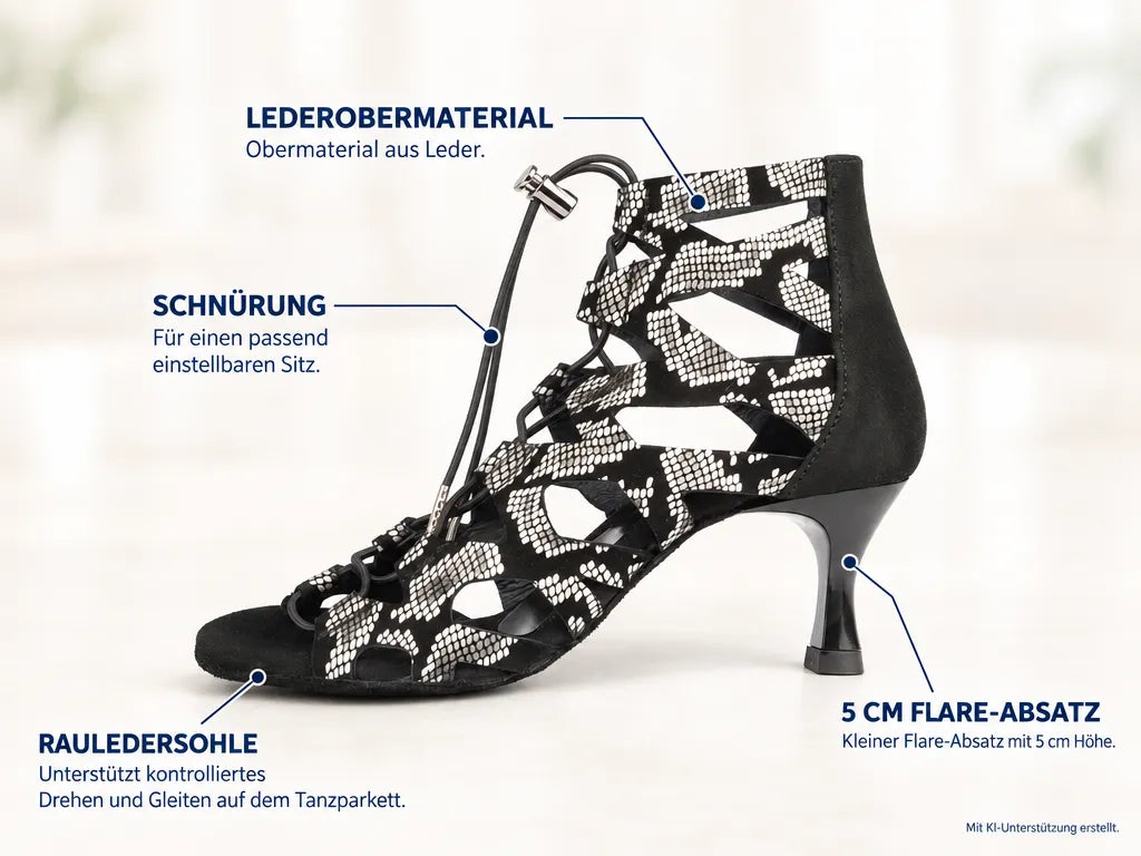 PortDance Damen Tanzschuhe PD804B 5 cm Schwarz/Weiß – Produktinfografik, mit KI-Unterstützung erstellt.