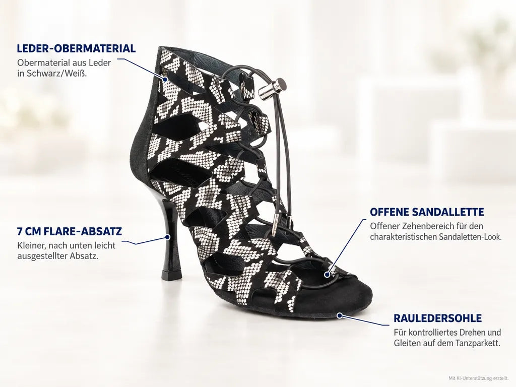 PortDance Damen Tanzschuhe PD804B 7 cm Schwarz/Weiß – Produktinfografik, mit KI-Unterstützung erstellt.