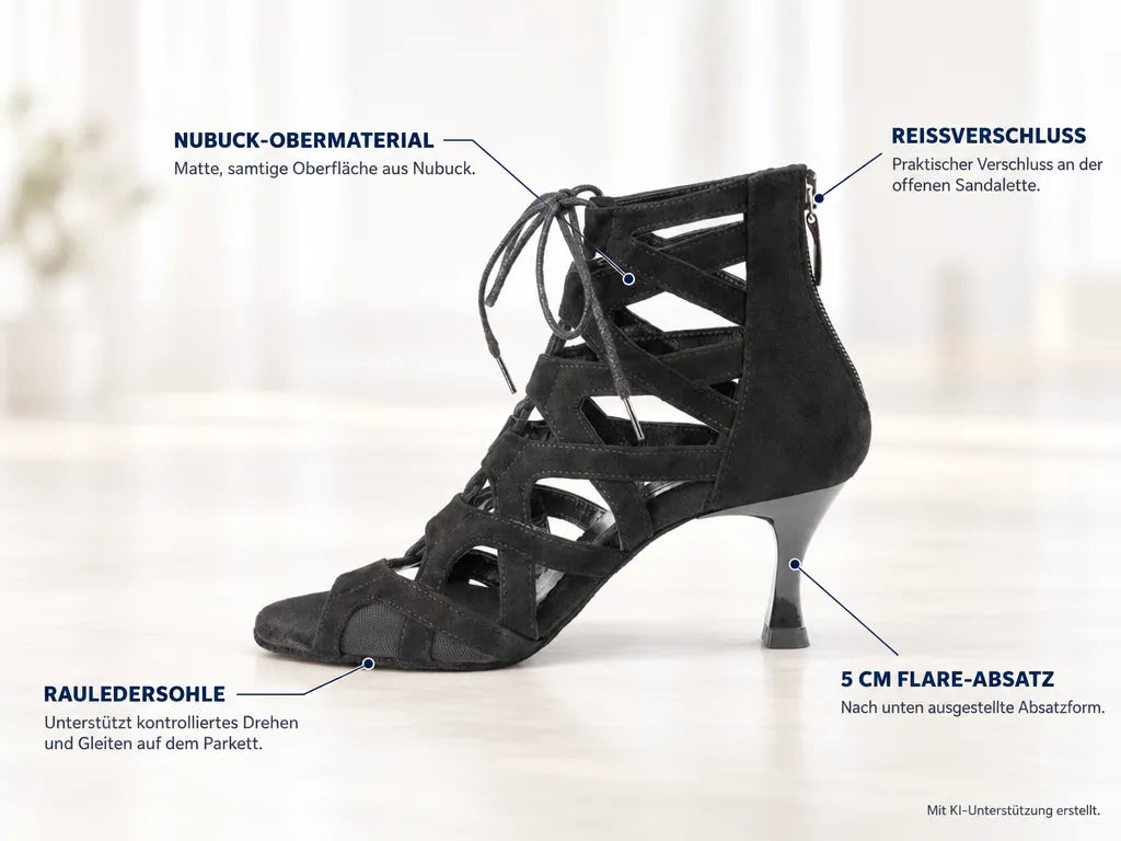 PortDance Damen Tanzschuhe PD804N 5 cm Schwarz – Produktinfografik, mit KI-Unterstützung erstellt.