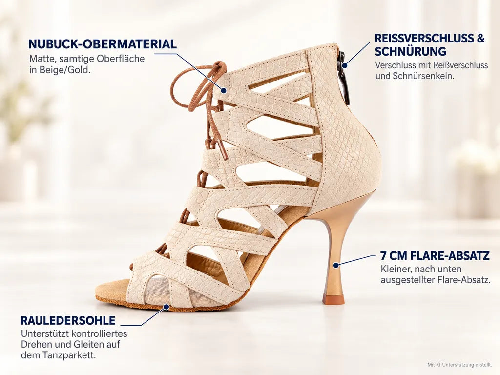 PortDance Damen Tanzschuhe PD804N – Produktinfografik, mit KI-Unterstützung erstellt.