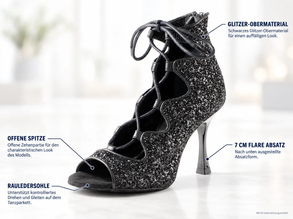 PortDance Damen Tanzschuhe PD805 – Produktinfografik, mit KI-Unterstützung erstellt.