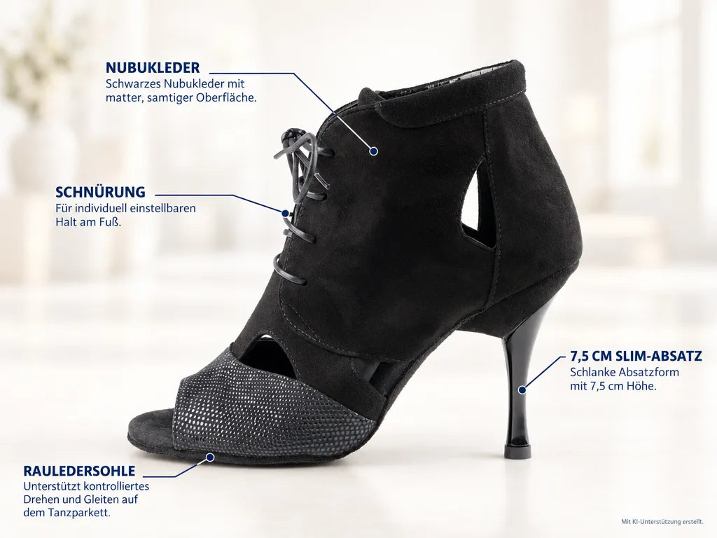 PortDance Damen Tanzschuhe PD809 – Produktinfografik, mit KI-Unterstützung erstellt.