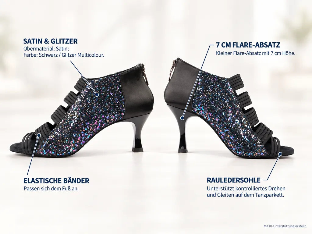 PortDance Damen Tanzschuhe PD811 – Produktinfografik, mit KI-Unterstützung erstellt.