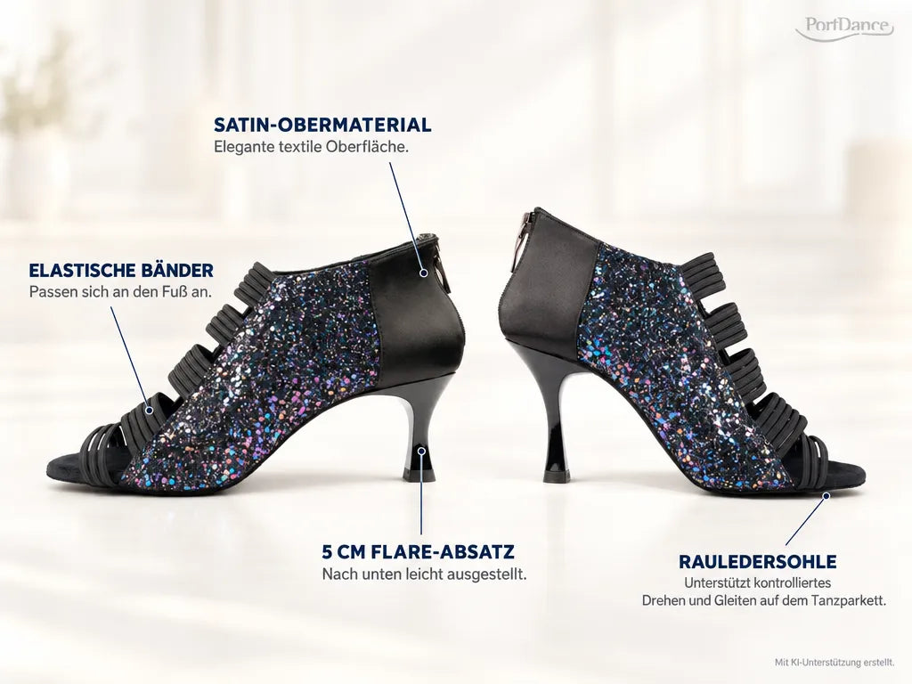 PortDance Damen Tanzschuhe PD811 – Produktinfografik, mit KI-Unterstützung erstellt.