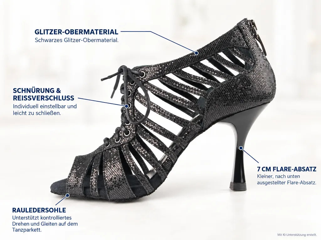 PortDance Damen Tanzschuhe PD812 – Produktinfografik, mit KI-Unterstützung erstellt.