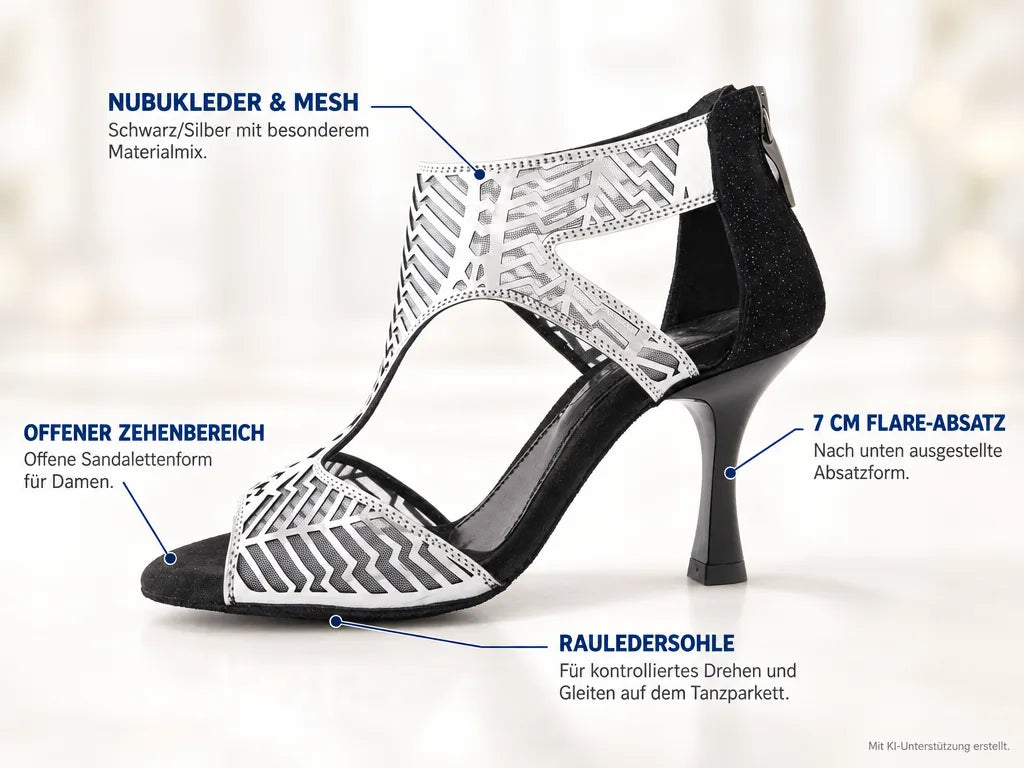 PortDance Damen Tanzschuhe PD813 7 cm – Produktinfografik, mit KI-Unterstützung erstellt.