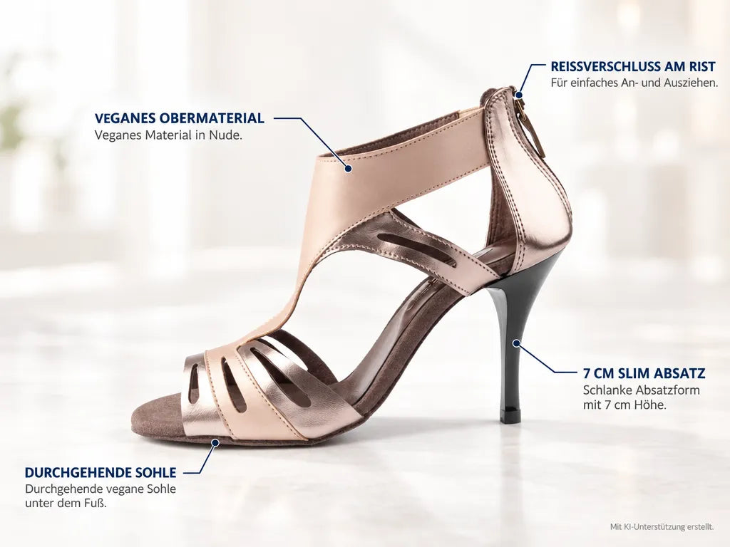 PortDance Damen Tanzschuhe PD813 Vegan Nude – Produktinfografik, mit KI-Unterstützung erstellt.