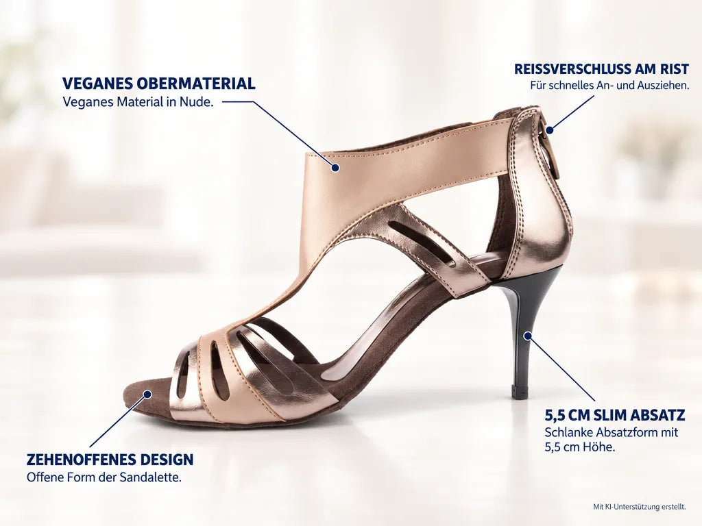PortDance Damen Tanzschuhe PD813 Vegan Nude – Produktinfografik, mit KI-Unterstützung erstellt.