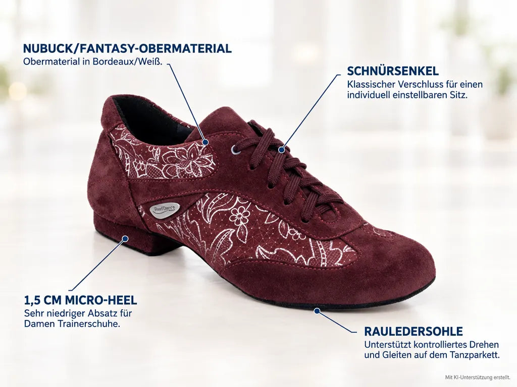 PortDance Damen Trainerschuhe PD09 Bordeaux/Weiß – Produktinfografik, mit KI-Unterstützung erstellt.