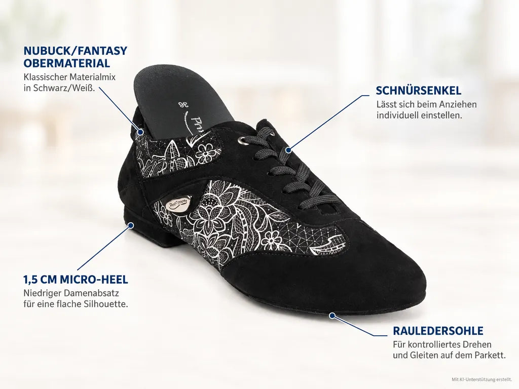 PortDance Damen Trainerschuhe PD09 Schwarz/Weiß – Produktinfografik, mit KI-Unterstützung erstellt.