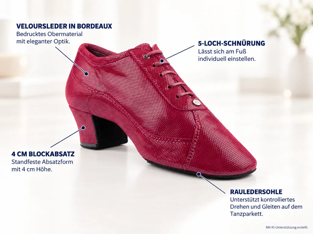 PortDance Damen Trainerschuhe PD705 | Bordeaux – Produktinfografik, mit KI-Unterstützung erstellt.