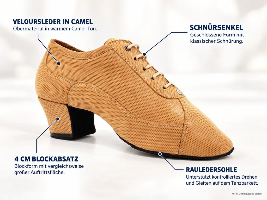 PortDance Damen Trainerschuhe PD705 | Camel – Produktinfografik, mit KI-Unterstützung erstellt.