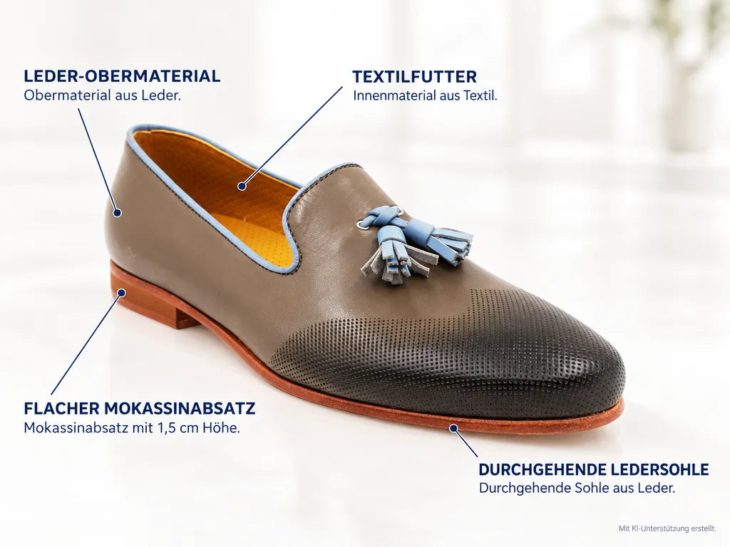 PortDance Herren Mokassins PD M002 – Produktinfografik, mit KI-Unterstützung erstellt.