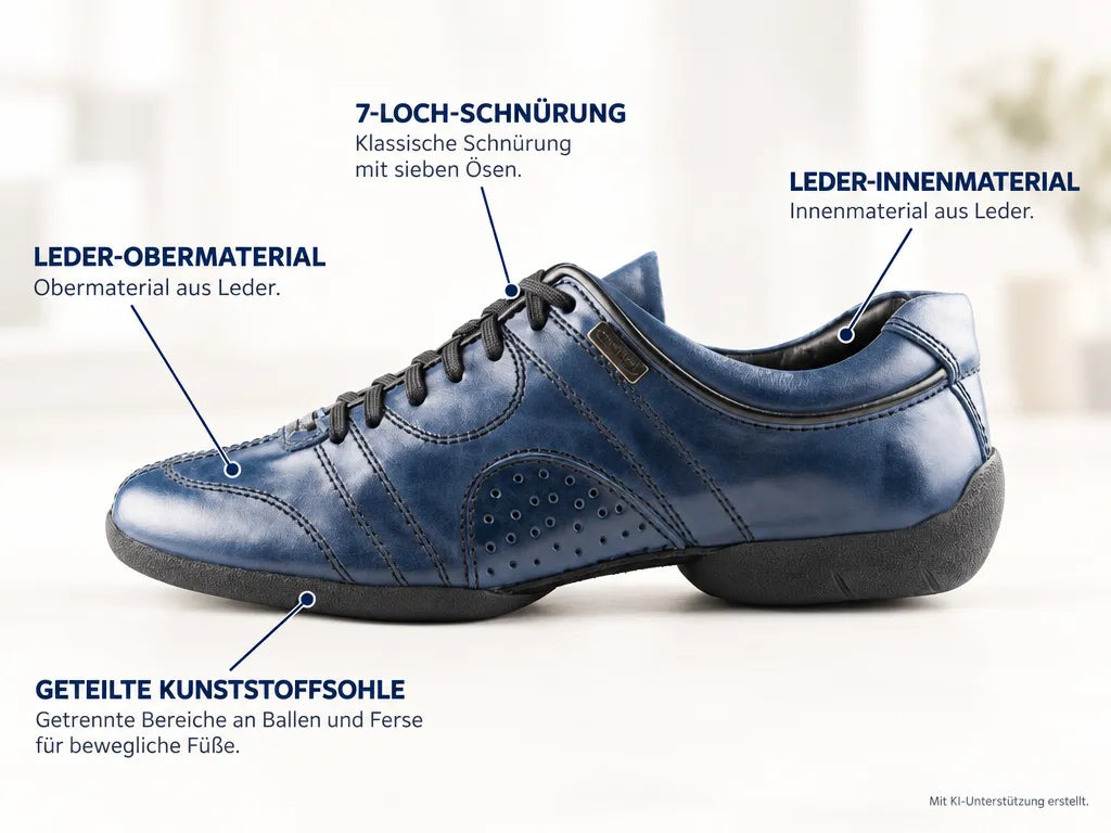 PortDance Herren Sneakers PD Casual Blau – Produktinfografik, mit KI-Unterstützung erstellt.