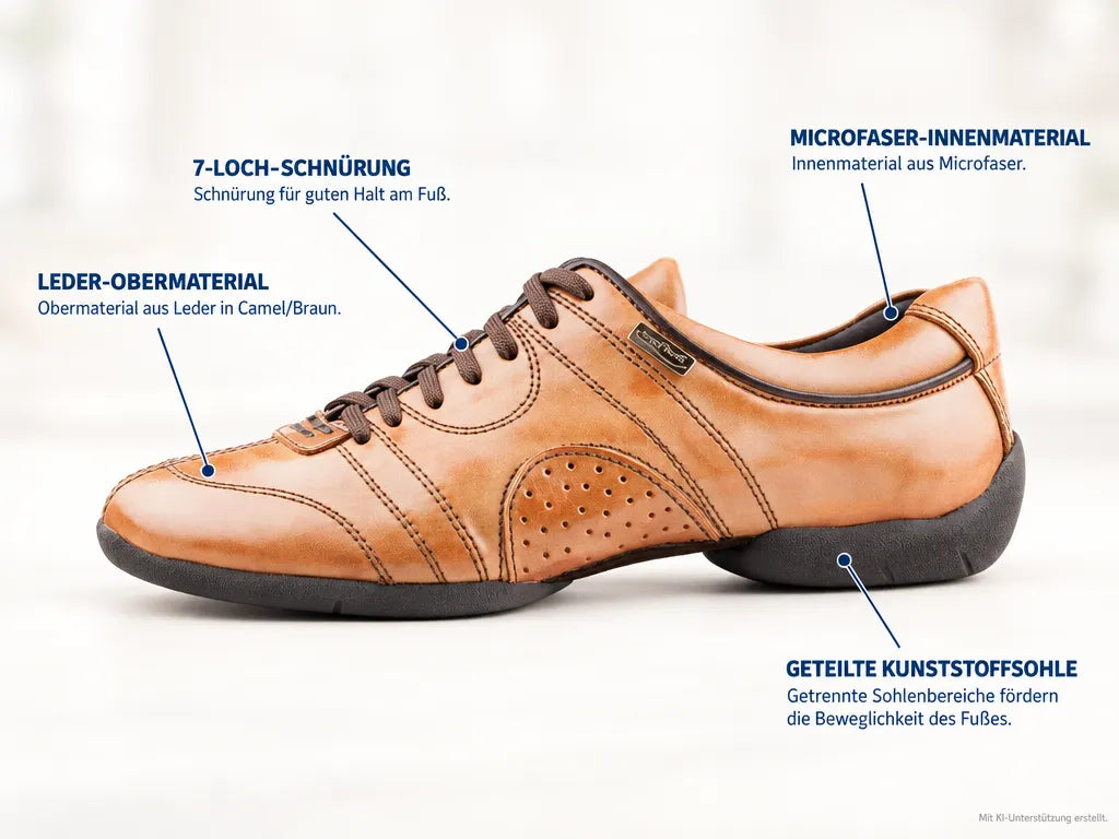 PortDance Herren Sneakers PD Casual Camel – Produktinfografik, mit KI-Unterstützung erstellt.