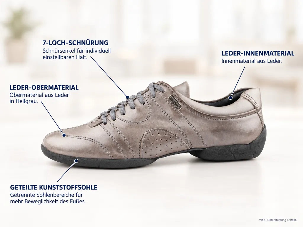 PortDance Herren Sneakers PD Casual Hellgrau – Produktinfografik, mit KI-Unterstützung erstellt.