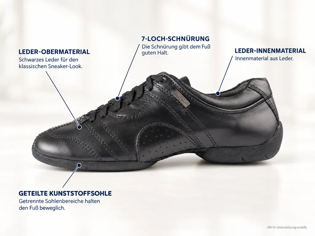 PortDance Herren Sneakers PD Casual Schwarz – Produktinfografik, mit KI-Unterstützung erstellt.