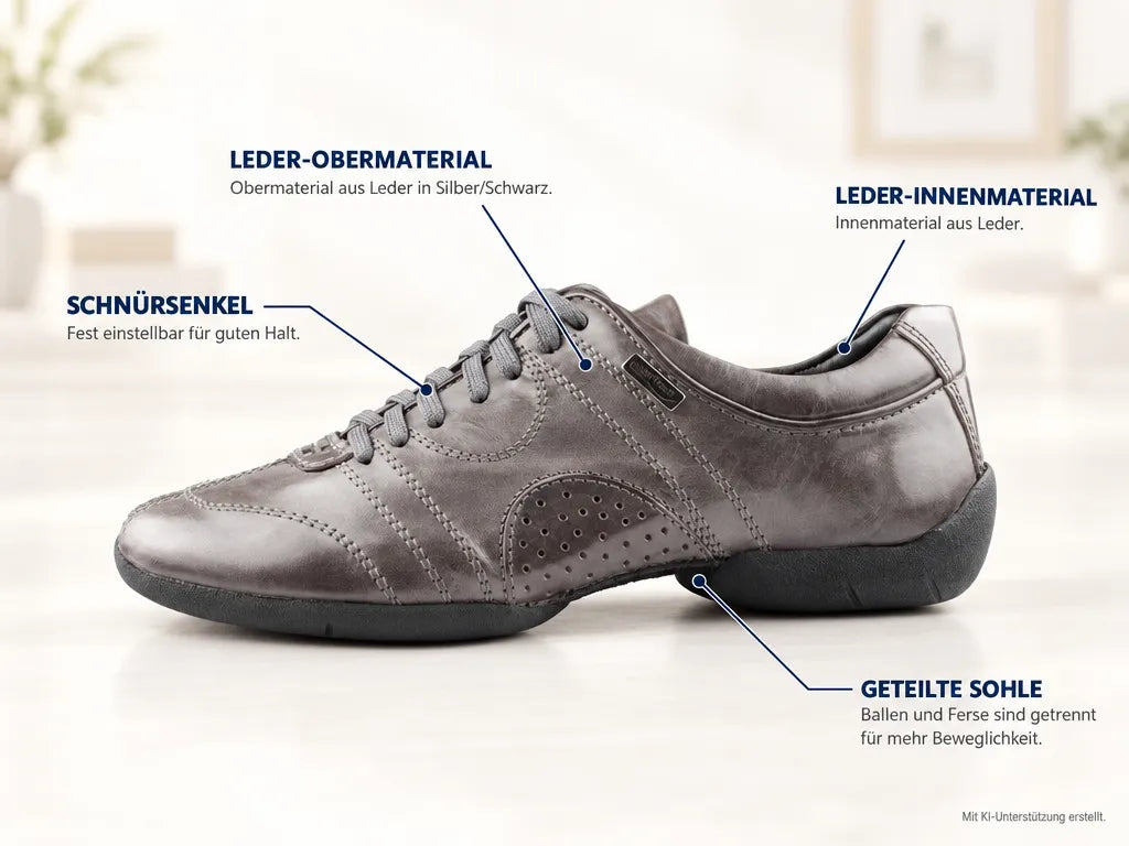 PortDance Herren Sneakers PD Casual Silber – Produktinfografik, mit KI-Unterstützung erstellt.