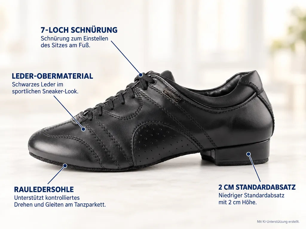 PortDance Herren Tanzschuhe PD Casual – Produktinfografik, mit KI-Unterstützung erstellt.