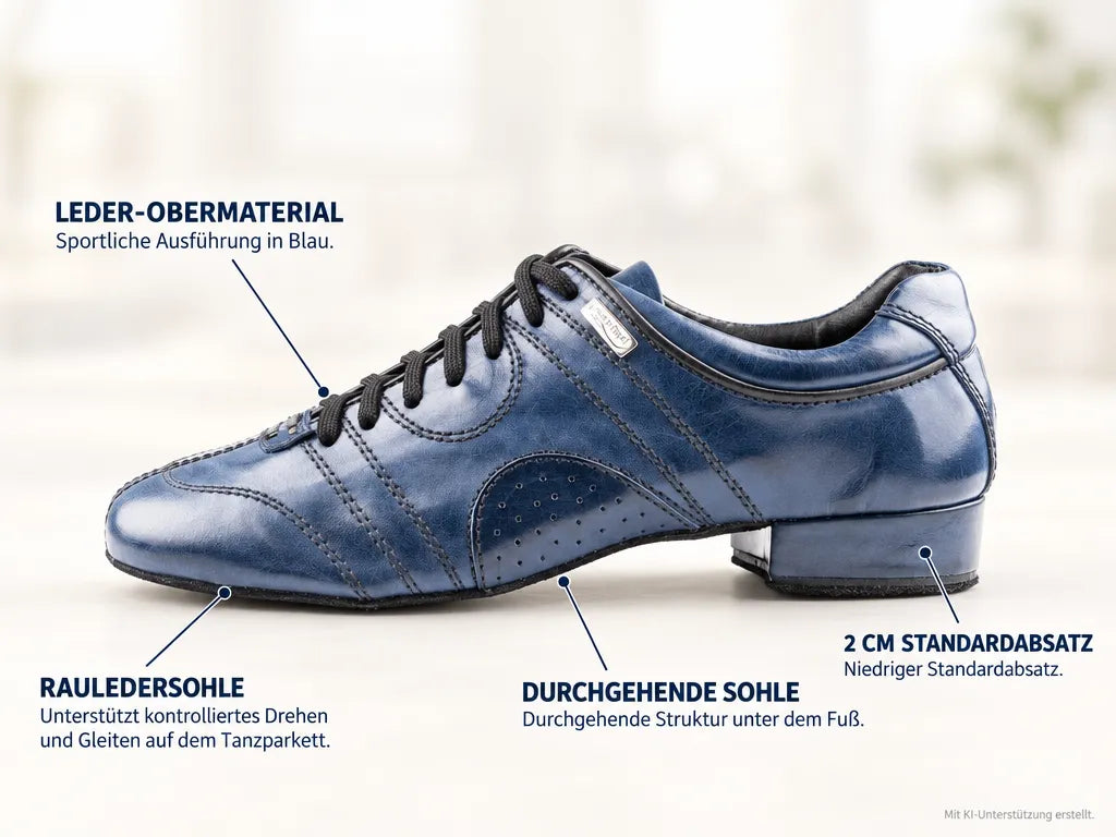 PortDance Herren Tanzschuhe PD Casual Blau – Produktinfografik, mit KI-Unterstützung erstellt.