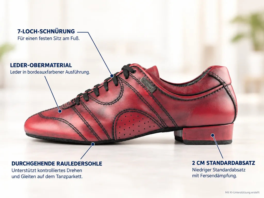 PortDance Herren Tanzschuhe PD Casual Bordeaux – Produktinfografik, mit KI-Unterstützung erstellt.