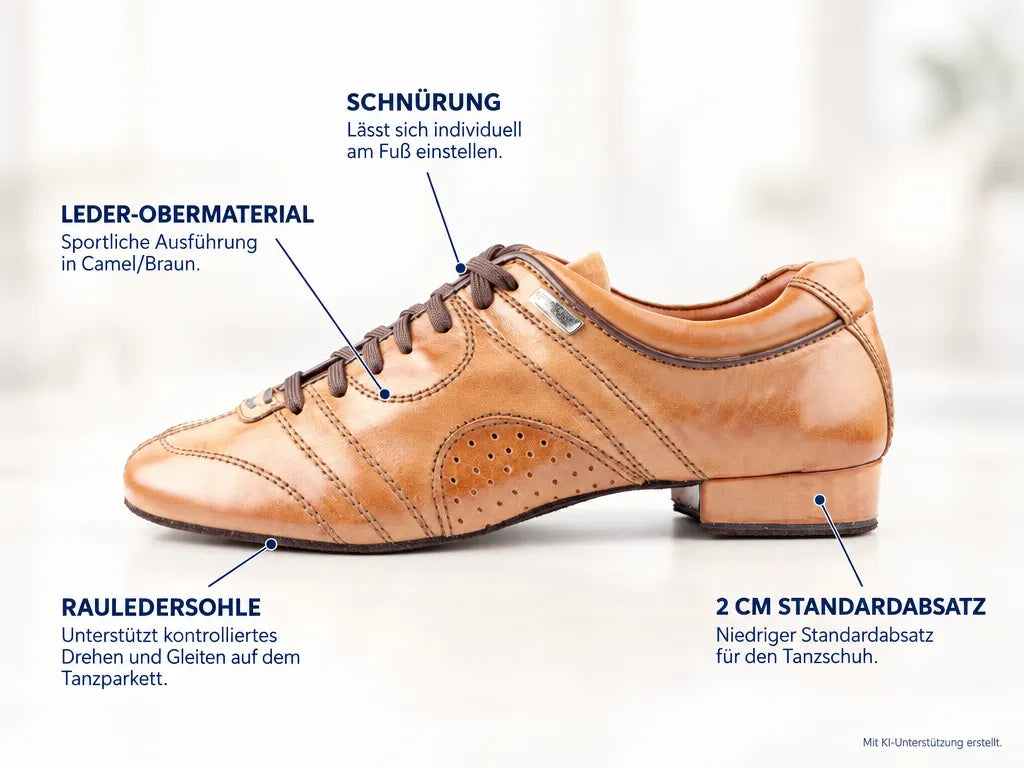 PortDance Herren Tanzschuhe PD Casual Camel – Produktinfografik, mit KI-Unterstützung erstellt.
