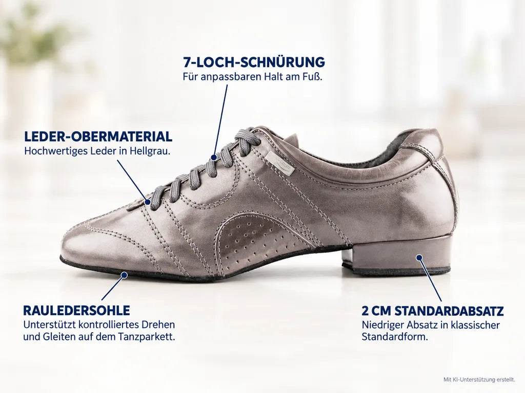 PortDance Herren Tanzschuhe PD Casual Hellgrau – Produktinfografik, mit KI-Unterstützung erstellt.