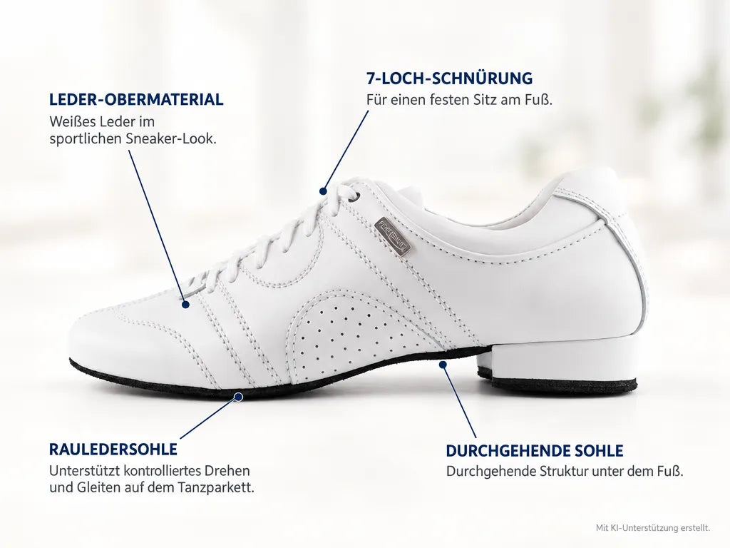PortDance Herren Tanzschuhe PD Casual Weiß – Produktinfografik, mit KI-Unterstützung erstellt.