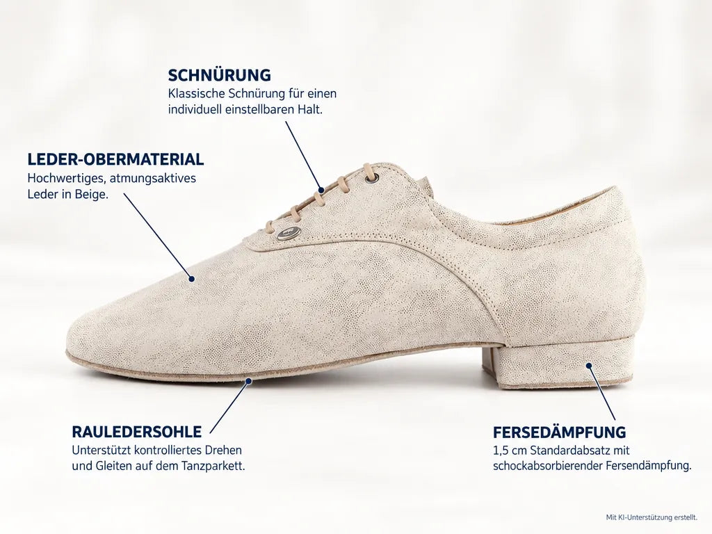 PortDance Herren Tanzschuhe PD PEDRO Beige – Produktinfografik, mit KI-Unterstützung erstellt.